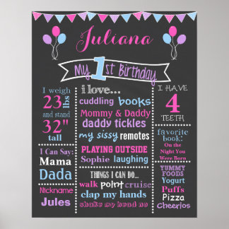 Póster Primer Rótulo de cartón de cumpleaños, rosa, púrpu