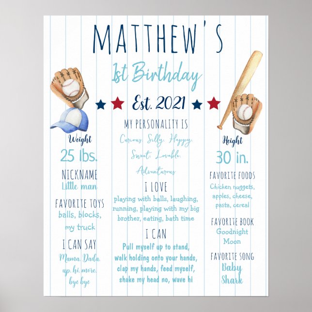 Póster Primer Rótulo de cumpleaños del béisbol (Frente)
