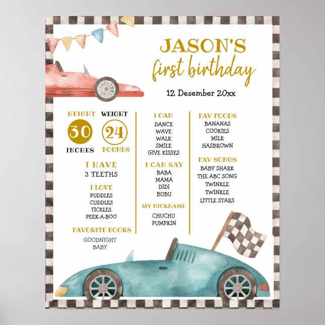 Póster Primer Rótulo de cumpleaños del coche de Carreras (Frente)