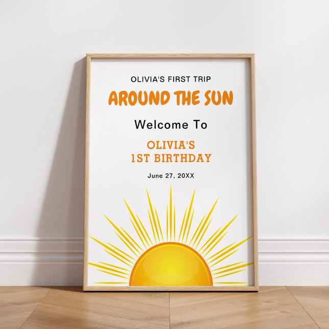 Póster Primer viaje alrededor del domingo 1er cumpleaños  (First Trip Around the Sun 1st Birthday Welcome Sign )