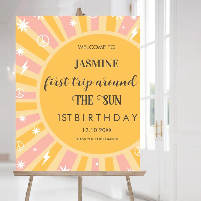 Póster Primer viaje alrededor del Sol Retro Boho Sun Bien (First Trip Around the Sun Retro Boho Sun Welcome Poster)