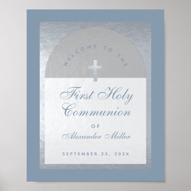 Póster Primera Comunión Bienvenida Arco de Plata Azul Pol (Frente)