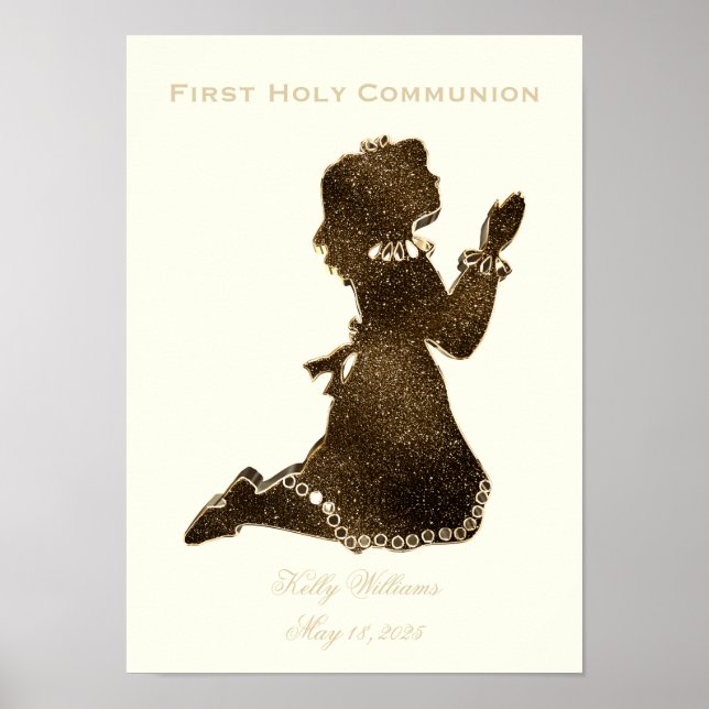 Póster Primera Comunión Santa Orando Chica Oro Elegante (Frente)