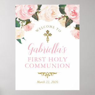 Póster Primera Comunión y Bautizo, Floral Rosa Oro