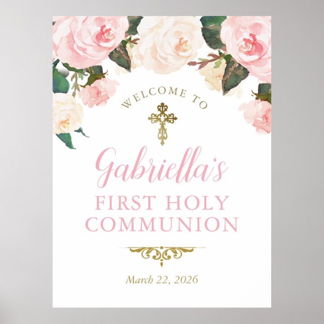 Póster Primera Comunión y Bautizo, Floral Rosa Oro (Frente)
