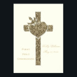 Póster Primera cruz de la comunión sagrada con palo y cor<br><div class="desc">Primera comunión sagrada o su evento religioso,  la cruz dorada con paloma y corazón,  puede agregar nombre y fecha,  Poster</div>