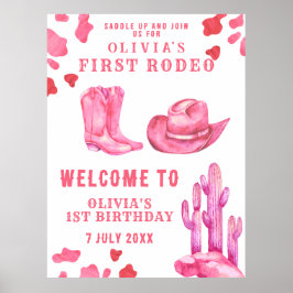Póster Primera fiesta de cumpleaños de chica de vaca rosa