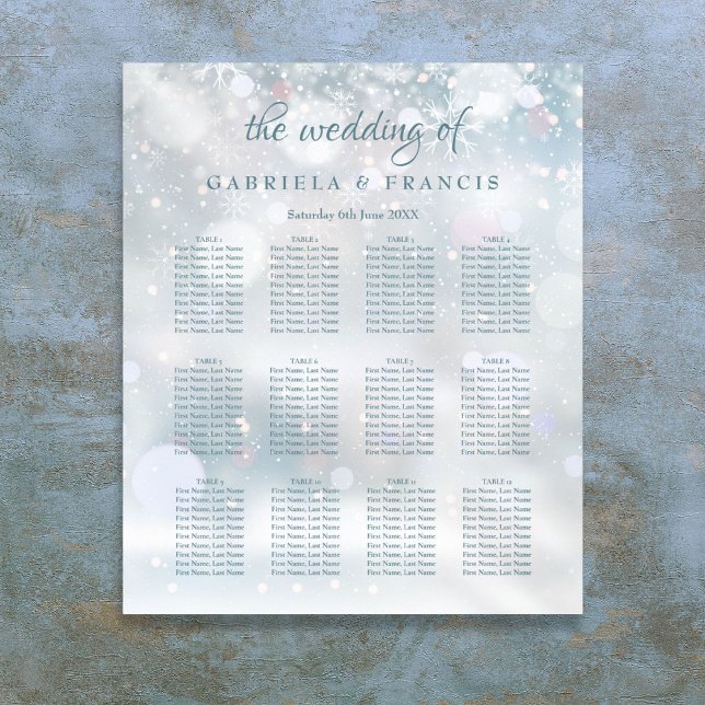 Póster Primera tabla de asientos de Boda de copos de niev (First Snowflakes Winter Wedding Seating Chart)