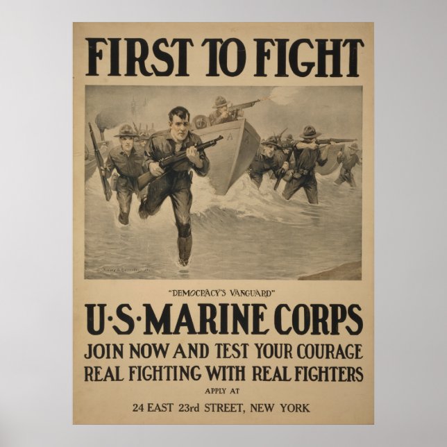 Póster Primero en luchar - Cuerpo de Marines de Estados U (Frente)
