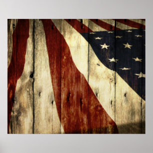 Póster Primitiva Americana Barn Wood Bandera Americana