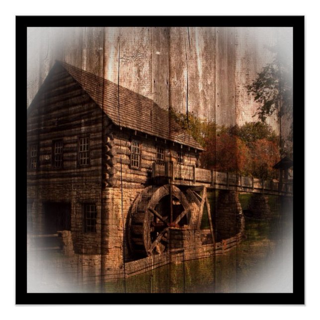 Póster Primitive Barn Wood granjero molino rueda de agua (Anverso)