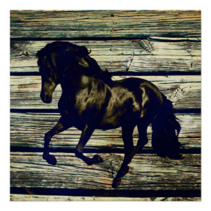 Póster Primitive BarnWood Caballo de Stallion negro ecues