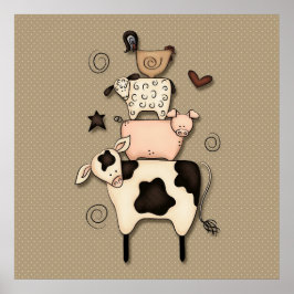 Póster Primitive Country Cow, Sheep, Pig & Rooster Decor