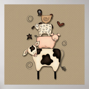 Póster Primitive Country Cow, Sheep, Pig & Rooster Decor