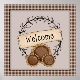 Póster Primitive Country Sunflower Welcome Wreath