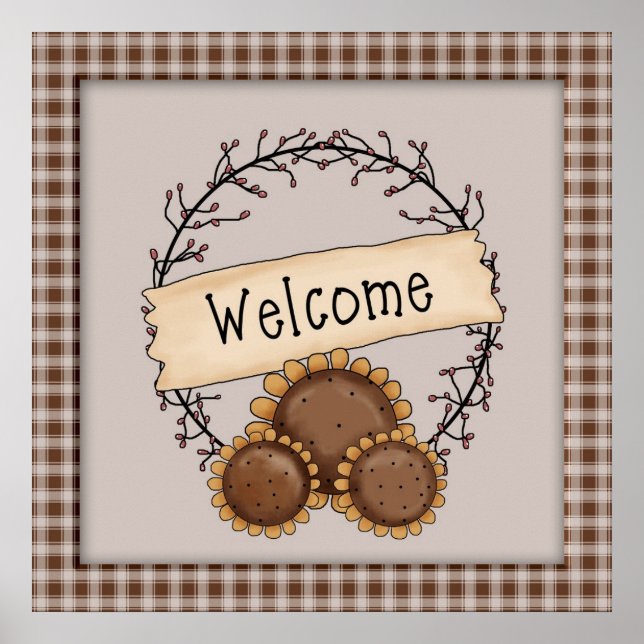 Póster Primitive Country Sunflower Welcome Wreath (Frente)