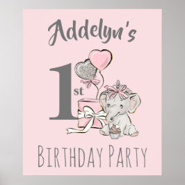 Póster Princesa bebé elefante niña rosa gris 1er cumpleañ