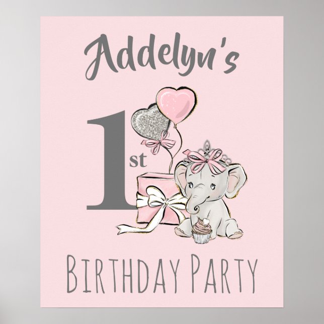 Póster Princesa bebé elefante niña rosa gris 1er cumpleañ (Frente)