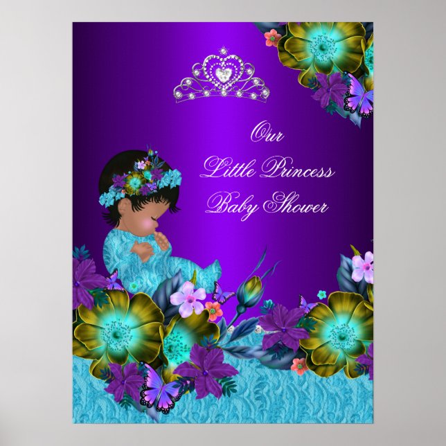 Póster Princesa Cartel Bebé Shower Azul Teal Morado Niña (Frente)