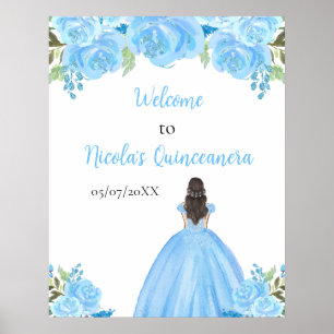 Póster Princesa de Cabello Marrón Azul Quinceañera Bienve