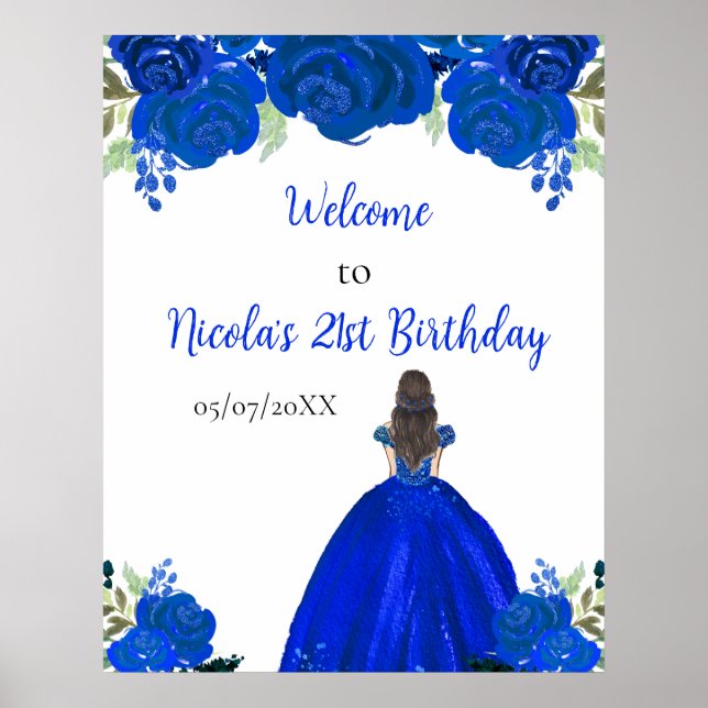 Póster Princesa de Cabello Marrón Bienvenida Cumpleaños F (Frente)