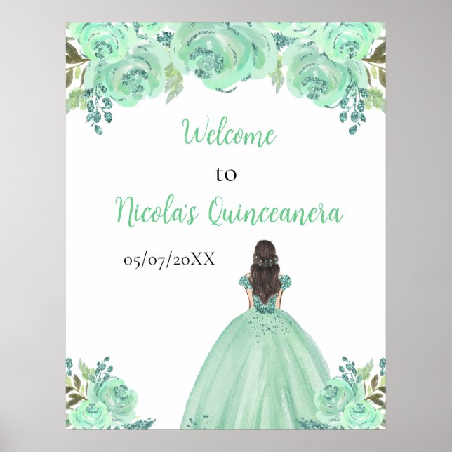 Póster Princesa de Cabello Marrón Bienvenida Quinceañera  (Frente)
