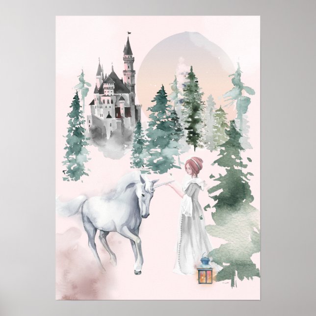 Póster Princesa de cuento de hadas y unicornio de castill (Frente)