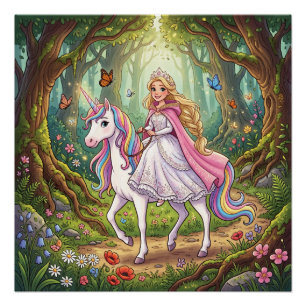 Póster Princesa de dibujos animados montando en el unicor