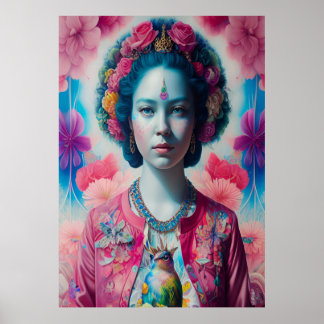 Póster Princesa de flores azules con chaqueta rosa