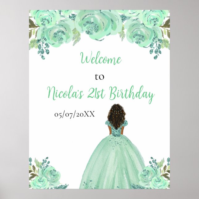Póster Princesa de Piel Oscura Cumpleaños Floral de Bienv (Frente)