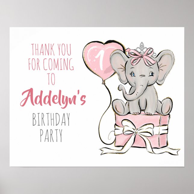 Póster Princesa Elefante Globo Cumpleaños Fiesta Gracias (Frente)