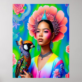 Póster Princesa floral con un pájaro