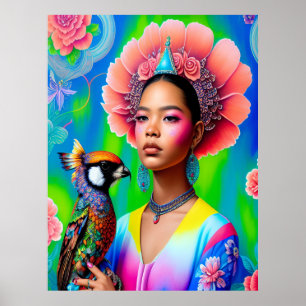 Póster Princesa floral con un pájaro
