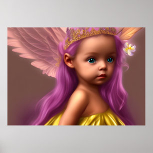 Póster Princesa Niña linda mariposa púrpura oro