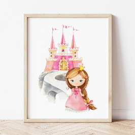Póster Princesa, pelo pardo, castillo, corona, guardería