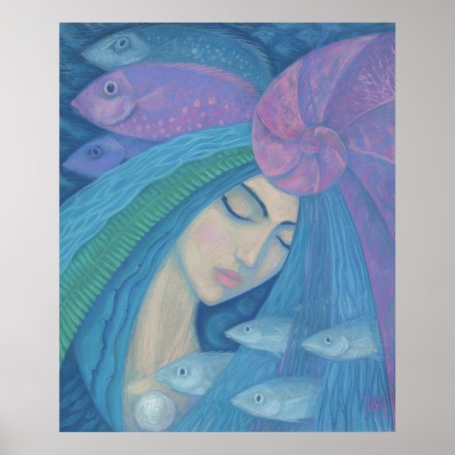 Póster Princesa Sirena, fantasía submarina, azul rosado (Frente)
