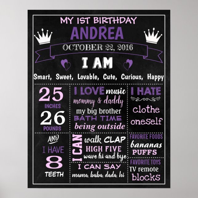 Póster Princess 1er cumpleaños tiza de signo morado (Frente)