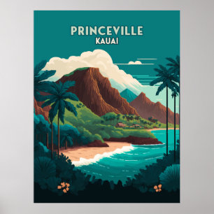 Póster Princeville Kauai Hawaii Beach Mountains Retro