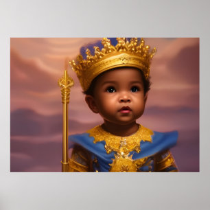 Póster Príncipe afroamericano bebé niño lindo oro azul