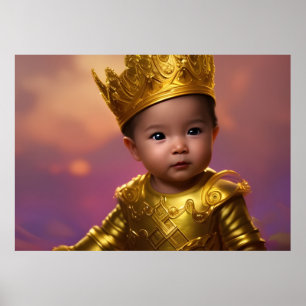 Póster Príncipe bebé niño lindo corona de oro azul étnico