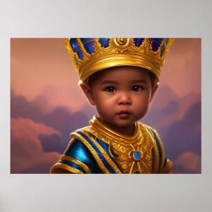Póster Príncipe bebé niño lindo corona dorada étnico azul