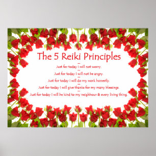 Póster Principios de Reiki con los rosas