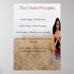Póster Principios de Reiki con mujer meditadora