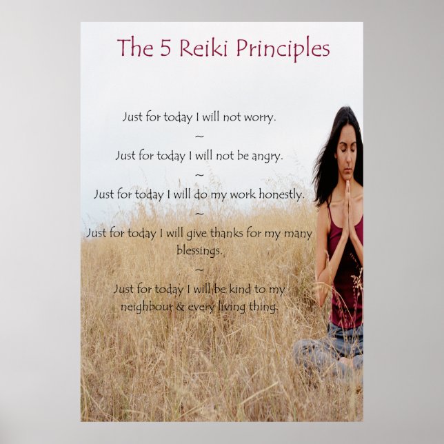 Póster Principios de Reiki con mujer meditadora (Frente)