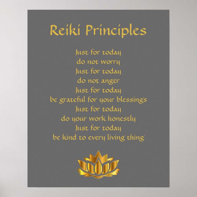 Póster Principios de Reiki gris y oro (Frente)