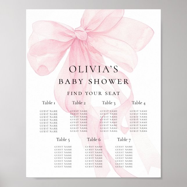Póster Printable Pink Bow Baby Shower Seating Chart (Frente)