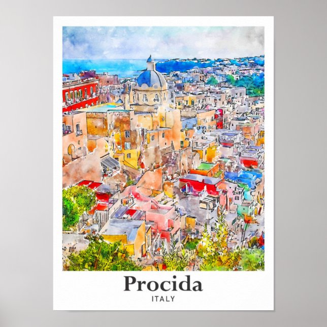 Póster Procida Italia Viaje Mano de Esquema Acuático de H (Frente)