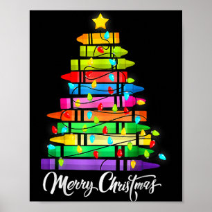 Póster Profesor Crayon Feliz Navidad Luces Árbol Escuela 