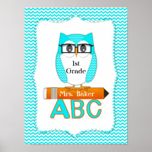 Póster Profesor Owl Chevron Poster Verde azulado