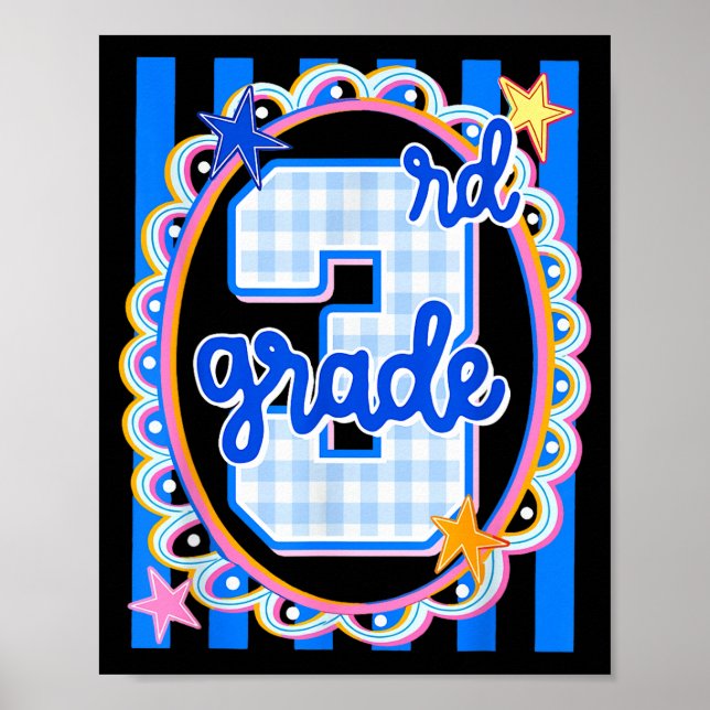 Póster Profesora de tercer grado a rayas retro 3er grado  (Frente)